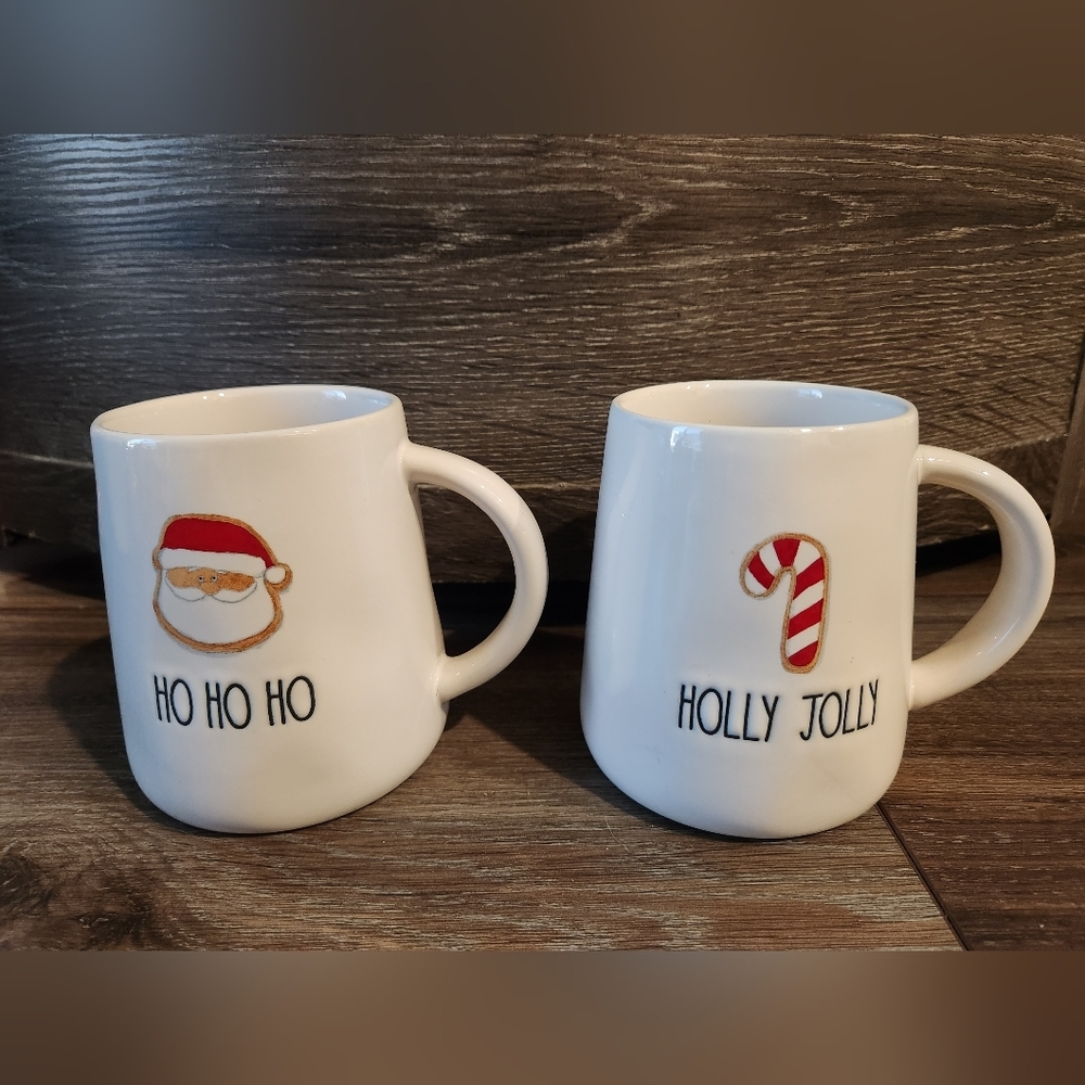 Rae Dunn - 2 Pack - Christmas Mugs - Ho Ho‎ Ho Santa & Holly Jolly Candy Cane